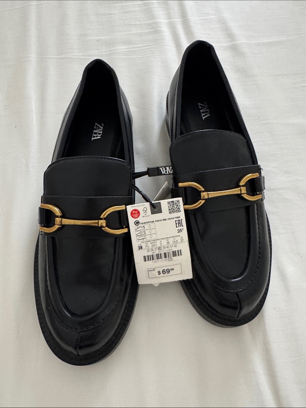 Zara Black Leather Loafers with Gold Horsebit